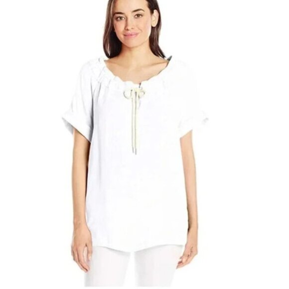 G.H. BASS White Short Sleeve Drawstring Top NWT Small - Picture 2 of 9